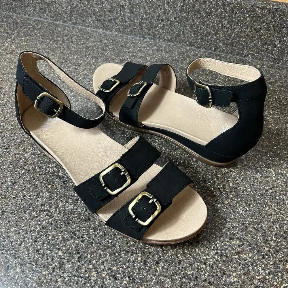 Dansko Women's Size EU 41 US 10 Black Leather Wedge Sandals Ankle Strap Open Toe